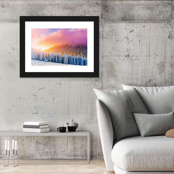 Winter Sunrise Over Snow-covered Pines and Cabin Canvas Wall Art