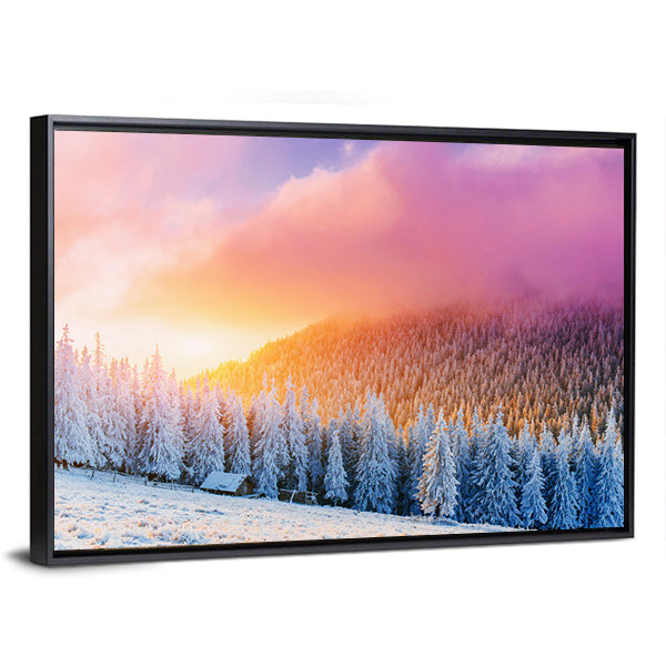 Winter Sunrise Over Snow-covered Pines and Cabin Canvas Wall Art