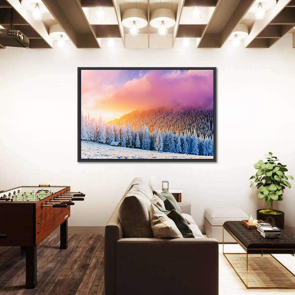 Winter Sunrise Over Snow-covered Pines and Cabin Canvas Wall Art