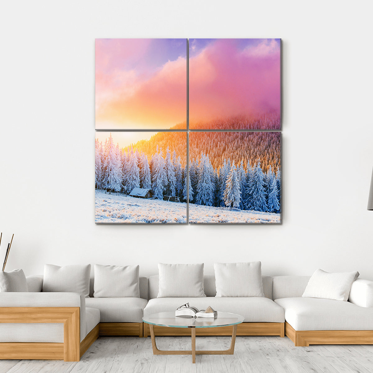 Winter Sunrise Over Snow-covered Pines and Cabin Canvas Wall Art