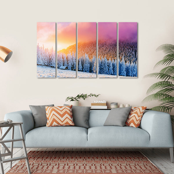Winter Sunrise Over Snow-covered Pines and Cabin Canvas Wall Art