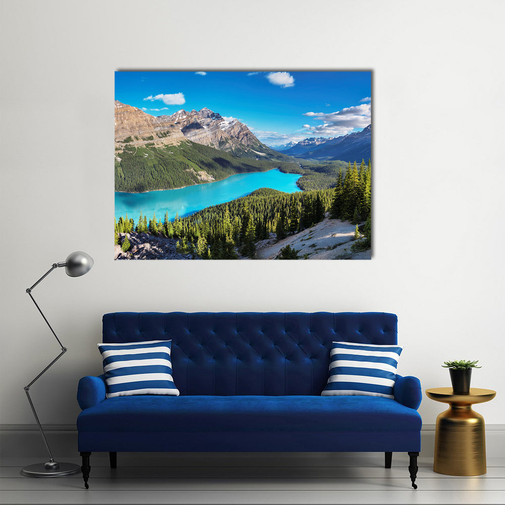 Peyto Lake, Canadian Rockies Vista Canvas Wall Art in brown, green and blue, single panel hung on a wall