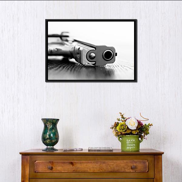 9mm Gun Canvas Wall Art in black, white and gray, framed canvas, product view on a white background