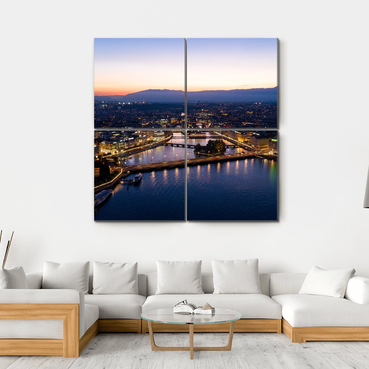 Aerial Night View Of Geneva Canvas Wall Art-4 Square-Gallery Wrap-17" x 17"-Tiaracle