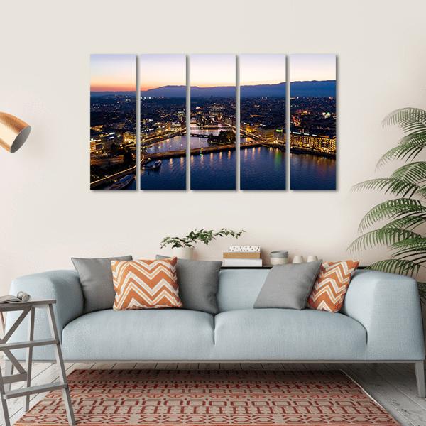 Aerial Night View Of Geneva Canvas Wall Art-5 Horizontal-Gallery Wrap-22" x 12"-Tiaracle