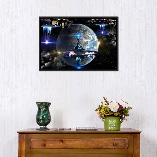 Alien Spaceship Moving Near Earth Canvas Wall Art-1 Piece-Floating Frame-24" x 16"-Tiaracle