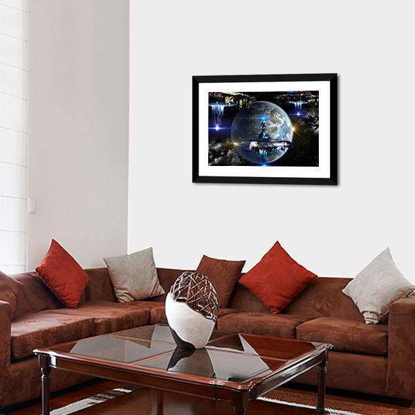 Alien Spaceship Moving Near Earth Canvas Wall Art-1 Piece-Framed Print-20" x 16"-Tiaracle
