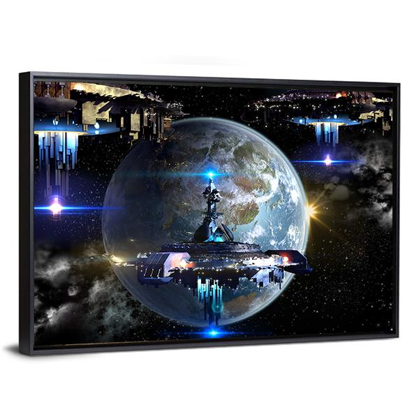 Alien Spaceship Moving Near Earth Canvas Wall Art-3 Horizontal-Gallery Wrap-25" x 16"-Tiaracle