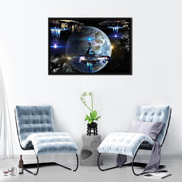 Alien Spaceship Moving Near Earth Canvas Wall Art-3 Horizontal-Gallery Wrap-25" x 16"-Tiaracle