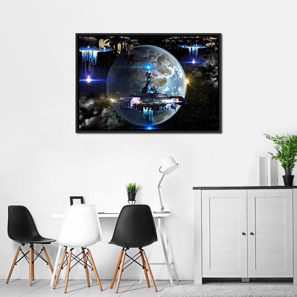 Alien Spaceship Moving Near Earth Canvas Wall Art-5 Horizontal-Gallery Wrap-22" x 12"-Tiaracle
