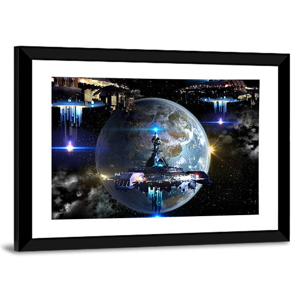 Alien Spaceship Moving Near Earth Canvas Wall Art-5 Horizontal-Gallery Wrap-22" x 12"-Tiaracle