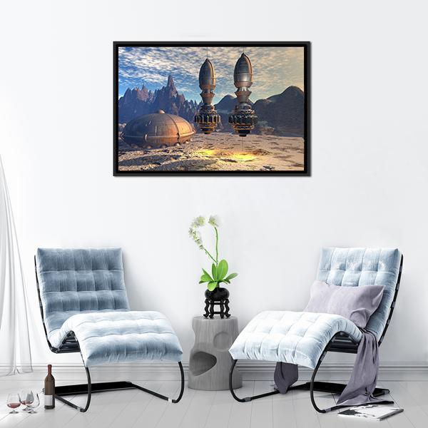Alien Spaceship On Deep Planet Canvas Wall Art-1 Piece-Floating Frame-24" x 16"-Tiaracle