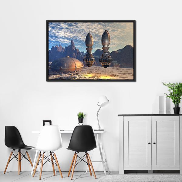 Alien Spaceship On Deep Planet Canvas Wall Art-1 Piece-Floating Frame-24" x 16"-Tiaracle