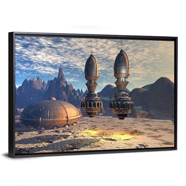 Alien Spaceship On Deep Planet Canvas Wall Art-3 Horizontal-Gallery Wrap-25" x 16"-Tiaracle