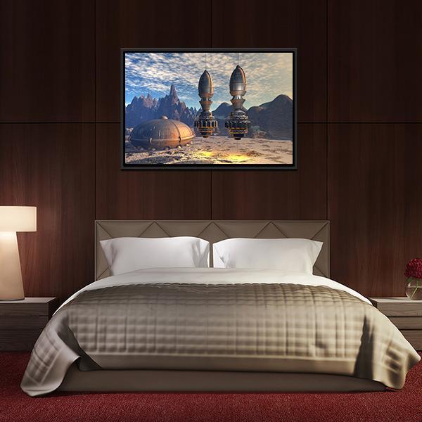 Alien Spaceship On Deep Planet Canvas Wall Art-5 Horizontal-Gallery Wrap-22" x 12"-Tiaracle