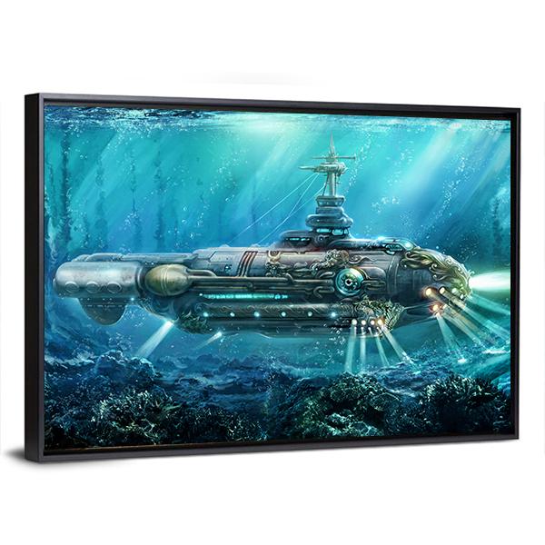 Alien Submarine In Sea Canvas Wall Art-1 Piece-Floating Frame-24" x 16"-Tiaracle