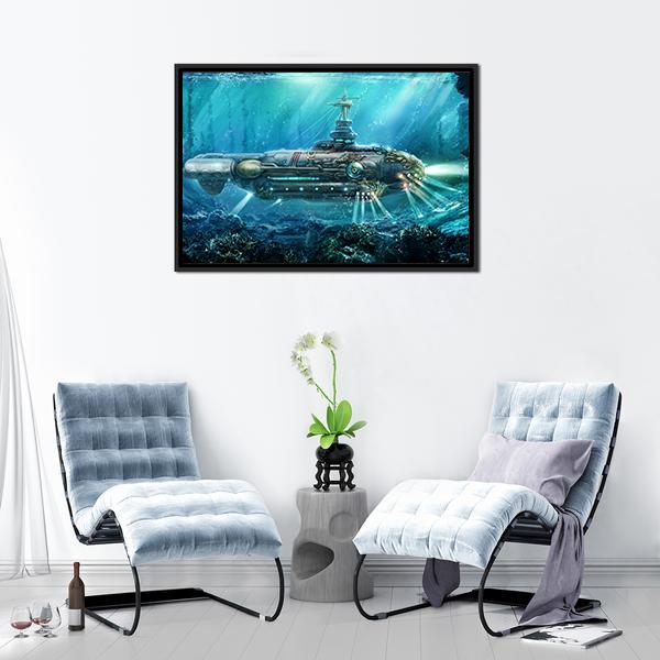 Alien Submarine In Sea Canvas Wall Art-1 Piece-Floating Frame-24" x 16"-Tiaracle