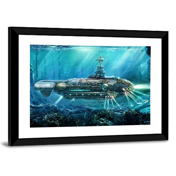 Alien Submarine In Sea Canvas Wall Art-1 Piece-Framed Print-20" x 16"-Tiaracle