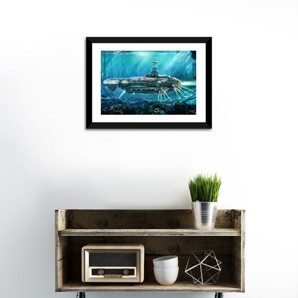 Alien Submarine In Sea Canvas Wall Art-1 Piece-Framed Print-20" x 16"-Tiaracle
