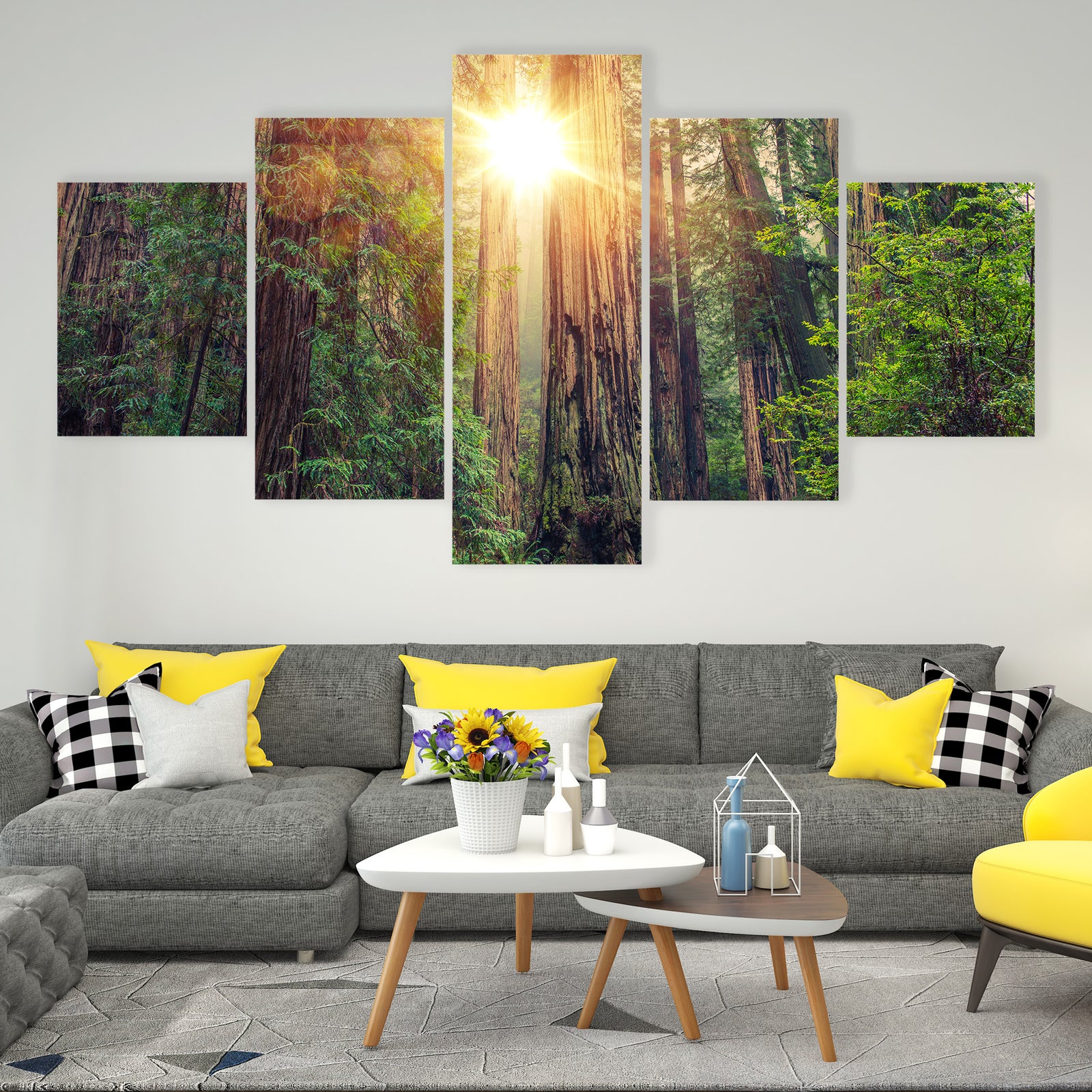 Sunlight Through California Redwood Forest Canvas Wall Art in brown, yellow and green, 5 panel Star layout hung on a wall