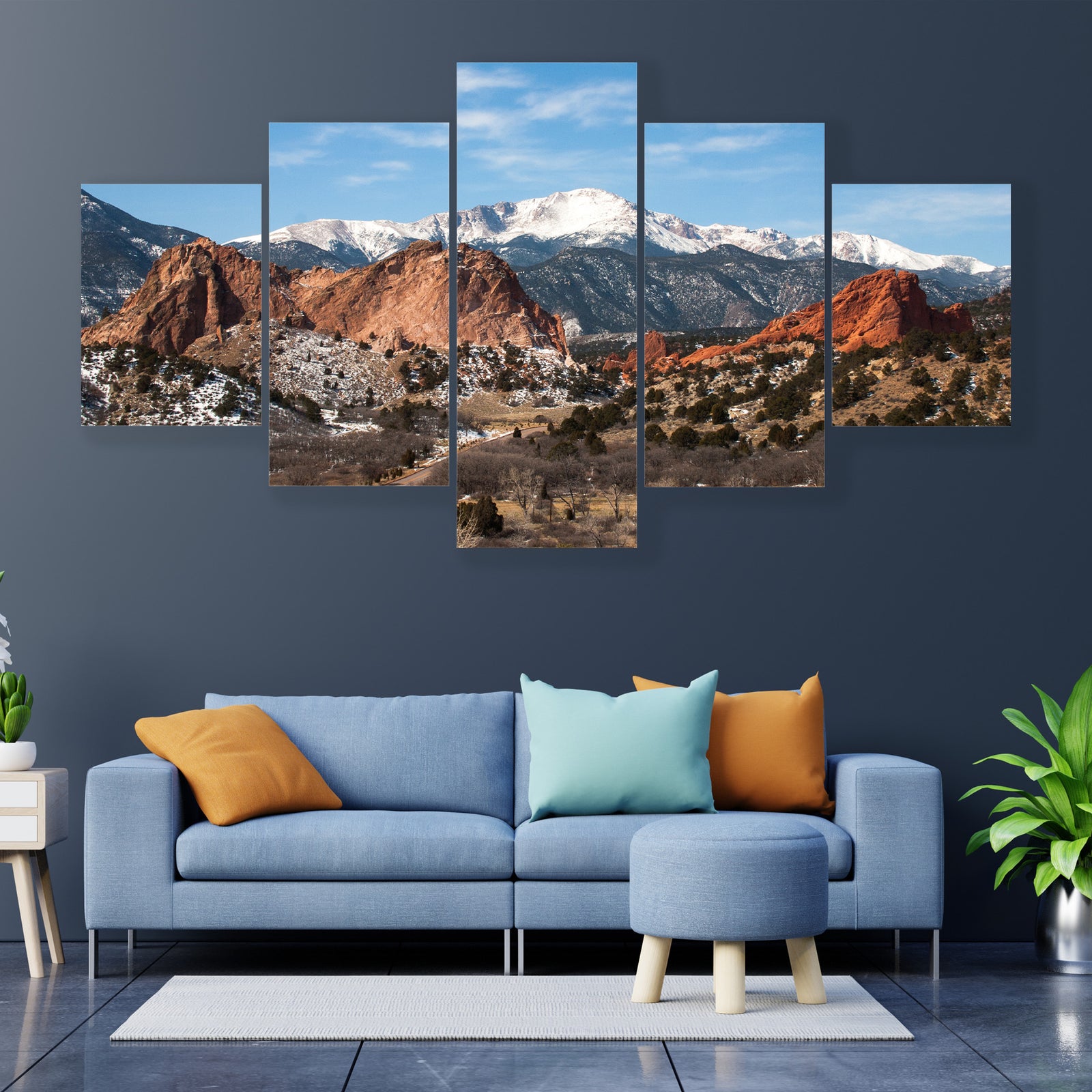 Garden of the Gods Park Colorado Canvas Wall Art in brown, red and blue, 5 panel Pop layout hung on a wall