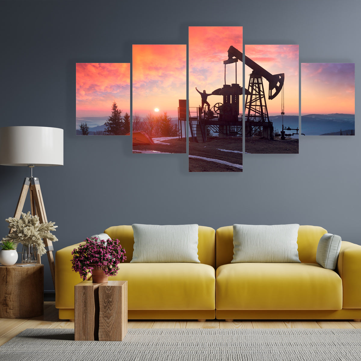 Oil Pumpjack at Sunset Canvas Wall Art