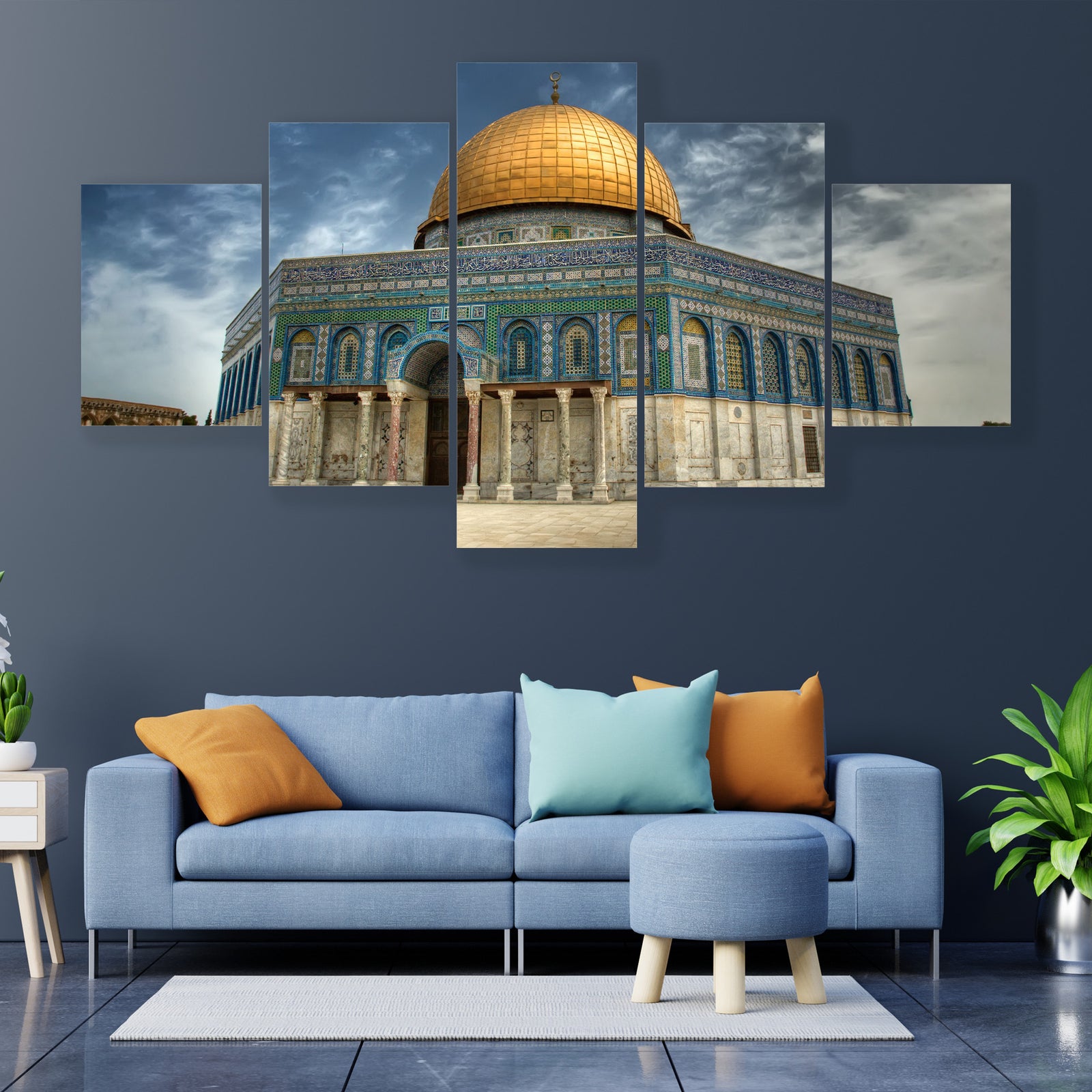 Al Aqsa Mosque in Jerusalem Canvas Wall Art in beige, gold and blue, single panel hung on a wall