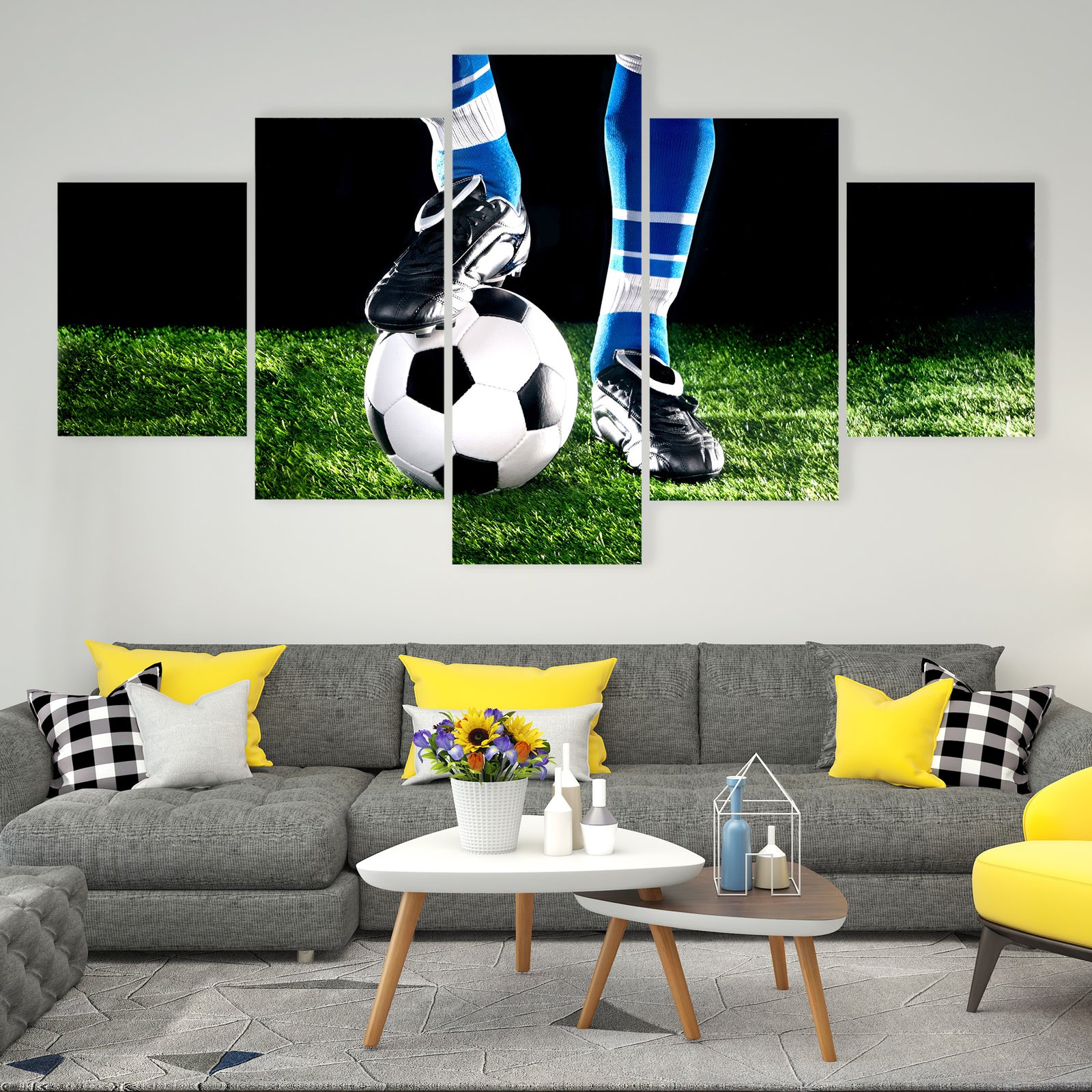 Soccer Ball and Player Canvas Wall Art in black, white and green, hung on a wall
