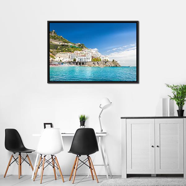Amalfi Coast Cityscape Canvas Wall Art in white, green and blue, framed canvas, product view on a white background