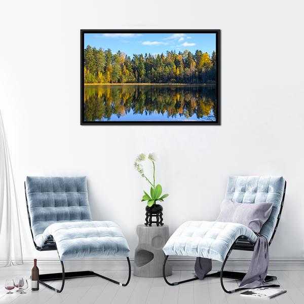 Autumn Forest Reflection In Pond Canvas Wall Art-1 Piece-Floating Frame-24" x 16"-Tiaracle