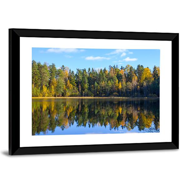 Autumn Forest Reflection In Pond Canvas Wall Art-1 Piece-Framed Print-20" x 16"-Tiaracle