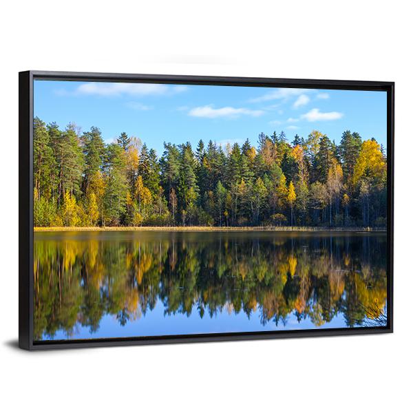 Autumn Forest Reflection In Pond Canvas Wall Art-3 Horizontal-Gallery Wrap-25" x 16"-Tiaracle