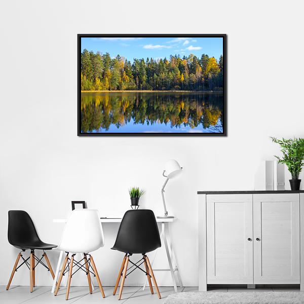 Autumn Forest Reflection In Pond Canvas Wall Art-3 Horizontal-Gallery Wrap-25" x 16"-Tiaracle