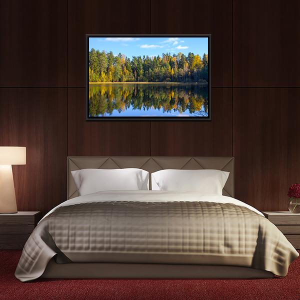 Autumn Forest Reflection In Pond Canvas Wall Art-3 Horizontal-Gallery Wrap-25" x 16"-Tiaracle