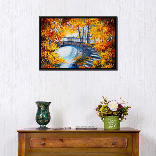 Autumn Forest With Bridge Canvas Wall Art-3 Horizontal-Gallery Wrap-25&quot; x 16&quot;-Tiaracle