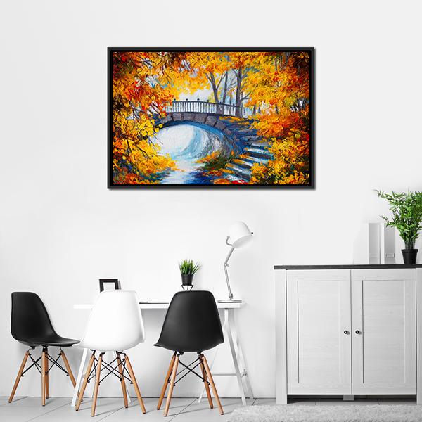 Autumn Forest With Bridge Canvas Wall Art-3 Horizontal-Gallery Wrap-25&quot; x 16&quot;-Tiaracle