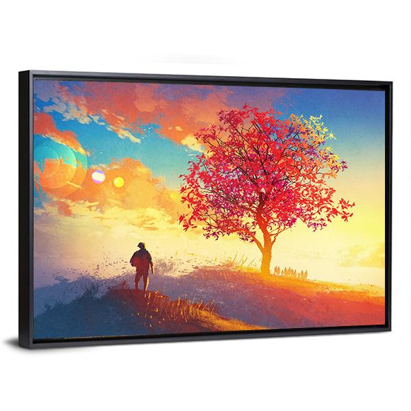 Autumn Landscape With Alone Tree Canvas Wall Art-1 Piece-Floating Frame-24" x 16"-Tiaracle