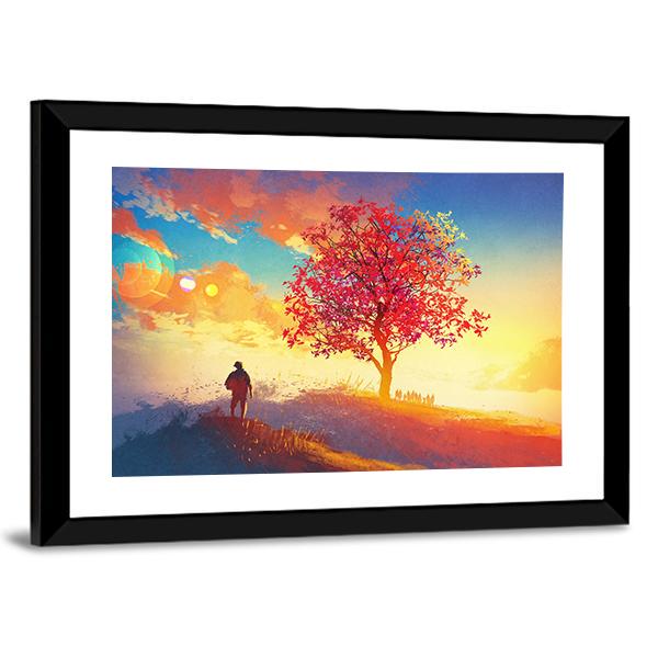 Autumn Landscape With Alone Tree Canvas Wall Art-1 Piece-Framed Print-20" x 16"-Tiaracle
