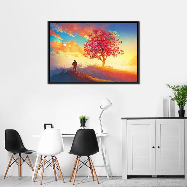 Autumn Landscape With Alone Tree Canvas Wall Art-3 Horizontal-Gallery Wrap-25" x 16"-Tiaracle