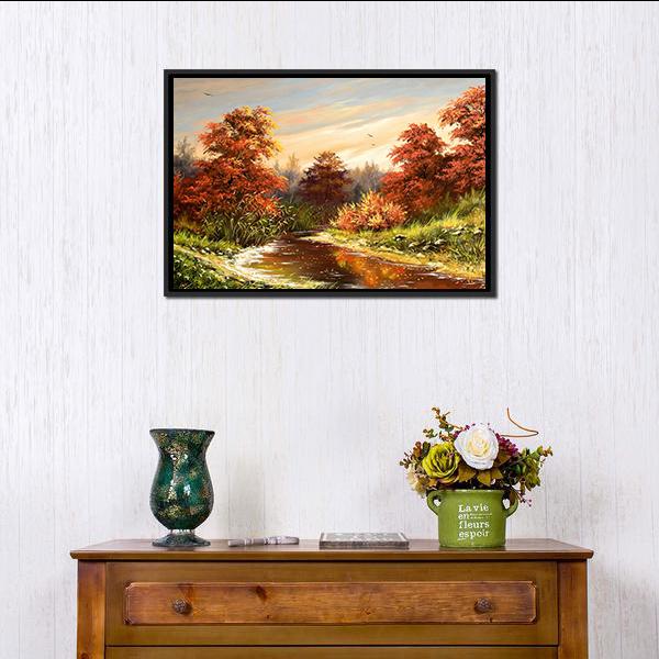 Autumn Landscape With River Canvas Wall Art-1 Piece-Floating Frame-24" x 16"-Tiaracle