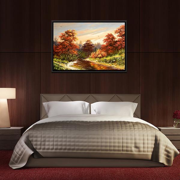 Autumn Landscape With River Canvas Wall Art-1 Piece-Floating Frame-24" x 16"-Tiaracle