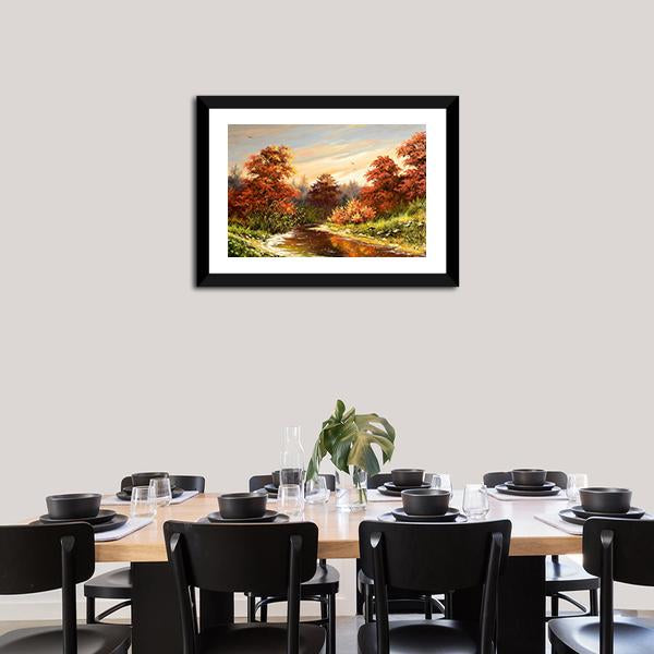 Autumn Landscape With River Canvas Wall Art-1 Piece-Framed Print-20" x 16"-Tiaracle