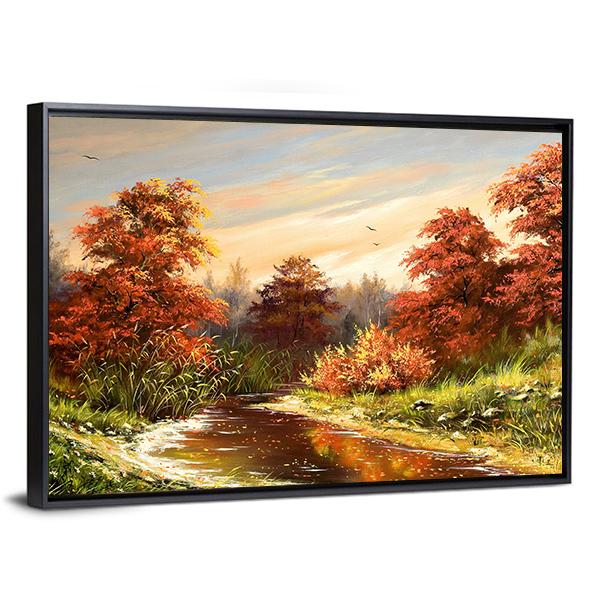 Autumn Landscape With River Canvas Wall Art-3 Horizontal-Gallery Wrap-25" x 16"-Tiaracle