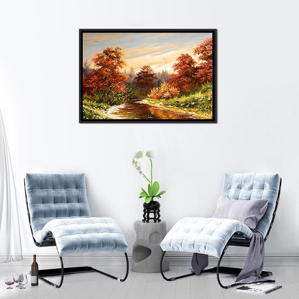 Autumn Landscape With River Canvas Wall Art-3 Horizontal-Gallery Wrap-25" x 16"-Tiaracle