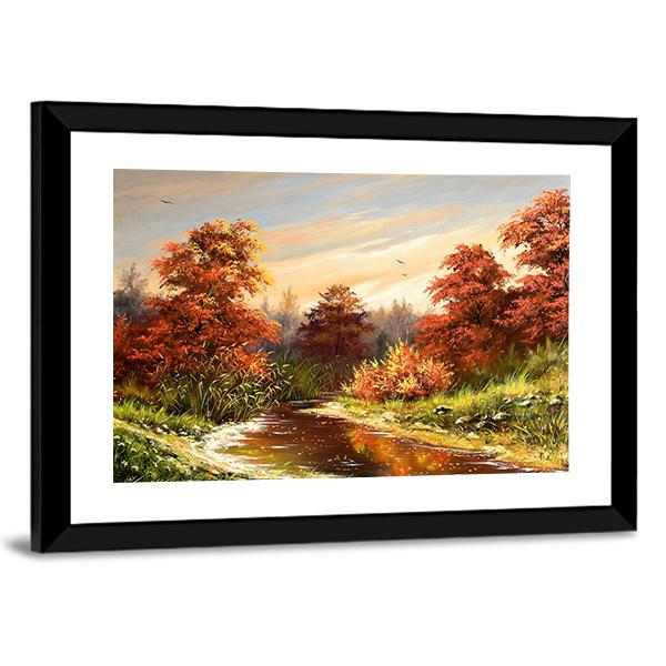 Autumn Landscape With River Canvas Wall Art-3 Horizontal-Gallery Wrap-25" x 16"-Tiaracle
