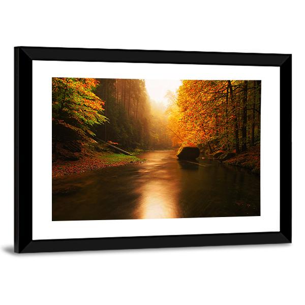 Autumn Mountain River Canvas Wall Art-1 Piece-Framed Print-20" x 16"-Tiaracle