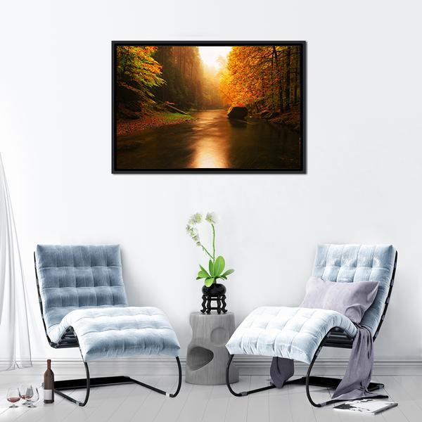 Autumn Mountain River Canvas Wall Art-3 Horizontal-Gallery Wrap-25" x 16"-Tiaracle