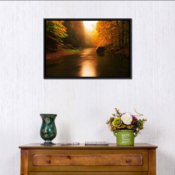 Autumn Mountain River Canvas Wall Art-3 Horizontal-Gallery Wrap-25" x 16"-Tiaracle