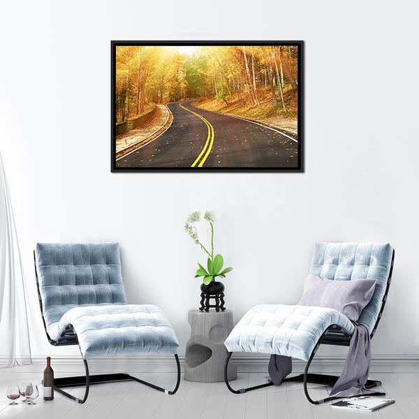 Autumn Scene With Road Canvas Wall Art-1 Piece-Floating Frame-36" x 24"-Tiaracle
