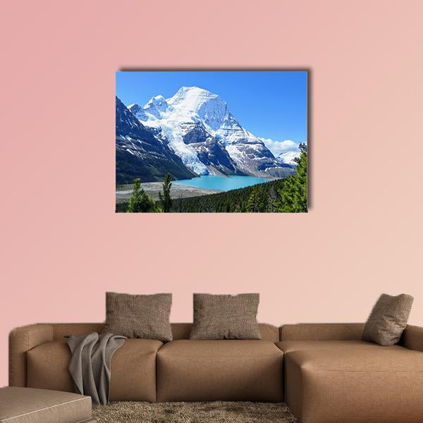 Berg Lake and Mount Robson Canvas Wall Art in white, green and blue, single panel hung on a wall